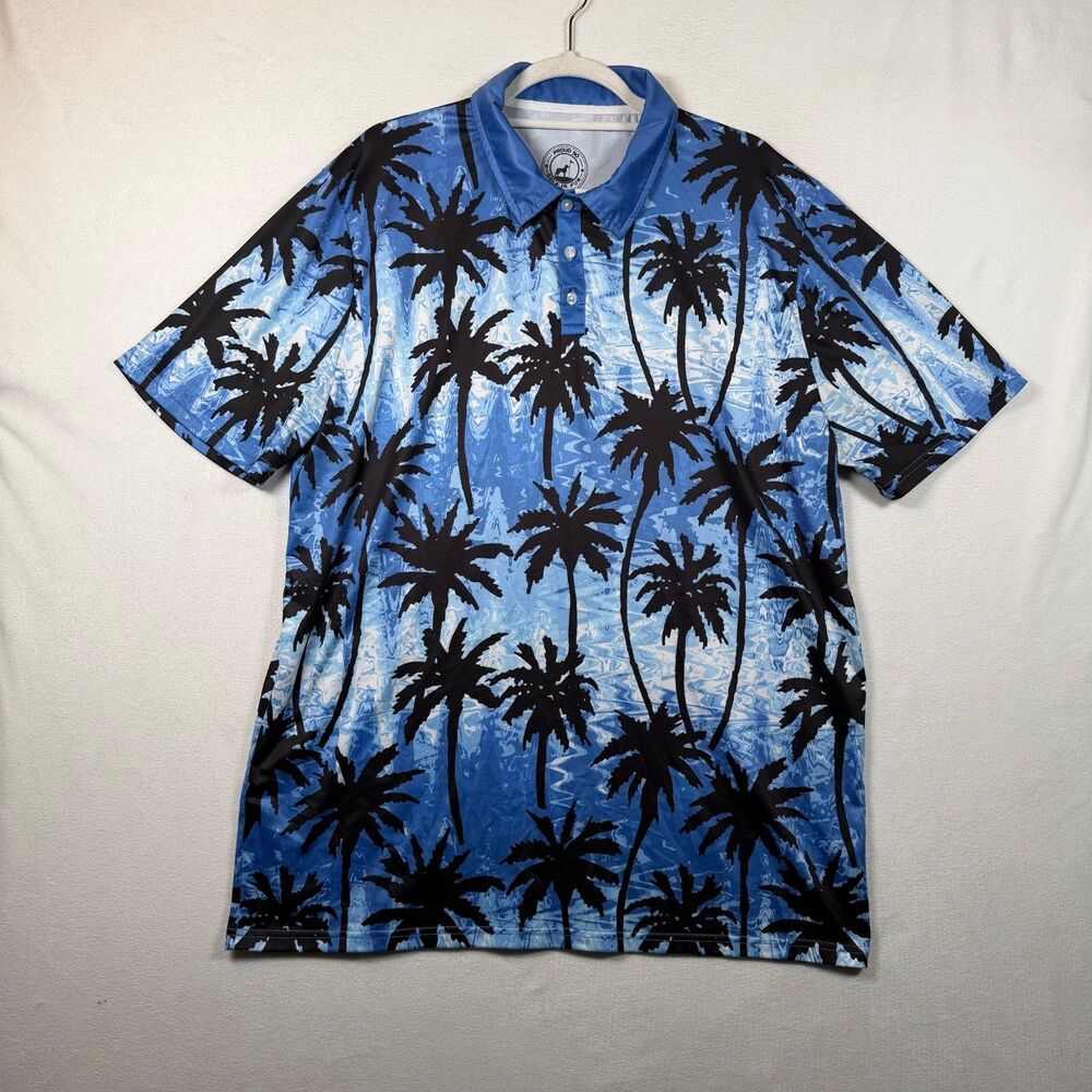 Proud 90 Golf Polo Shirt Mens XL Blue Palm Tree Tropical Print Performance